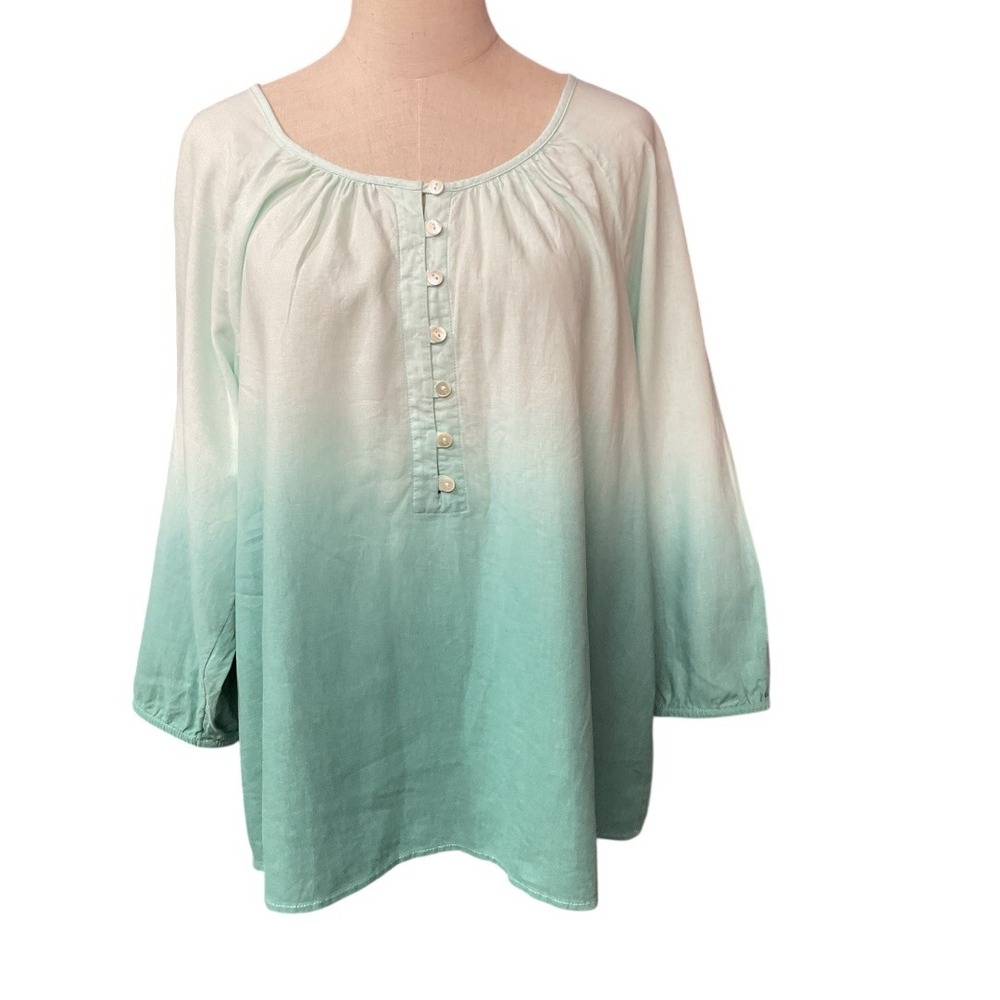 J. Jill Women's Ombre Long Sleeve Scoop Neck Linen Blend Button Up Blouse Size L